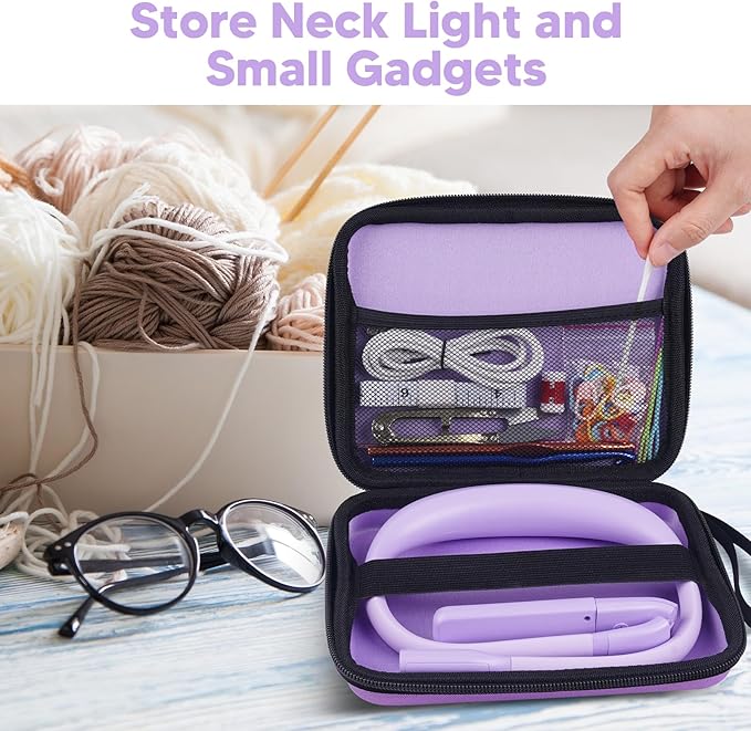 Purple Neck Light with Storage Case, 10-80Hrs Eye-friendly Book Reading Lamp, Knitting Crochet Sewing Craft Light Rechargeable Adjustable, Christmas Birthday Gifts for Book Lovers Knitters Crafters