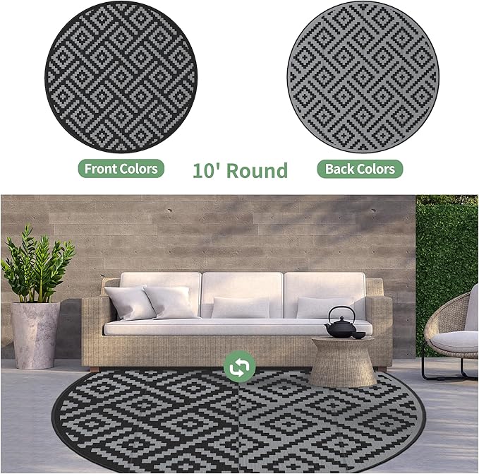 GENIMO 10' Round Outdoor Rug for Patios Clearance, Reversible Plastic Straw Rugs, RV Camping Mat for Camper, Balcony, Backyard, Picnic, Deck, Black & Gray