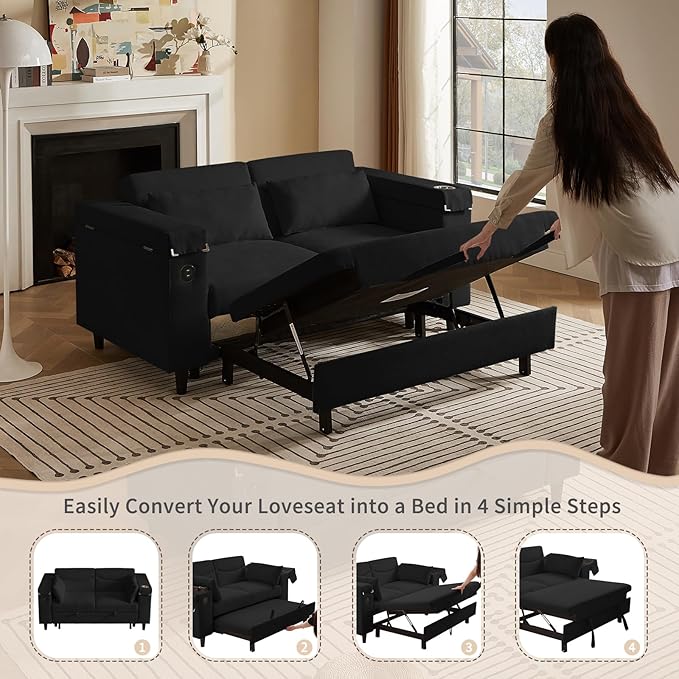 66" Multi-Functional Pull-Out Sofa Bed with Hidden Side Table, Storage Armrests, Built-in Charging Port, Spring Mattress, Solid Wood Frame – Ideal for Small Spaces, Easy Assembly