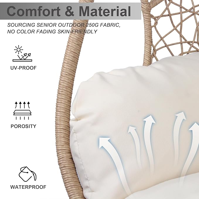 Hanging Egg Chair with Stand - Egg Swing Chair Outdoor Indoor Patio Wicker Chair Swing Hammock Egg Chairs 400lbs Capacity for Outside Patio, Bedroom, Garden and Balcony（Beige-Nest, 1PC）