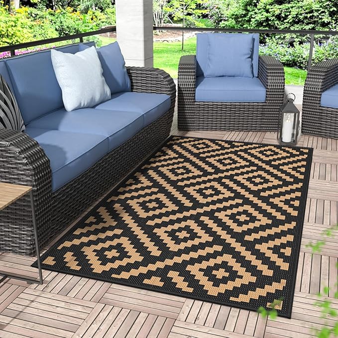 GENIMO Outdoor Rug 3'x5' Waterproof, Reversible Camping Mat, Plastic Straw Rugs for Patio, RV, Camper, Balcony, Backyard, Picnic, Deck (Black & Brown)