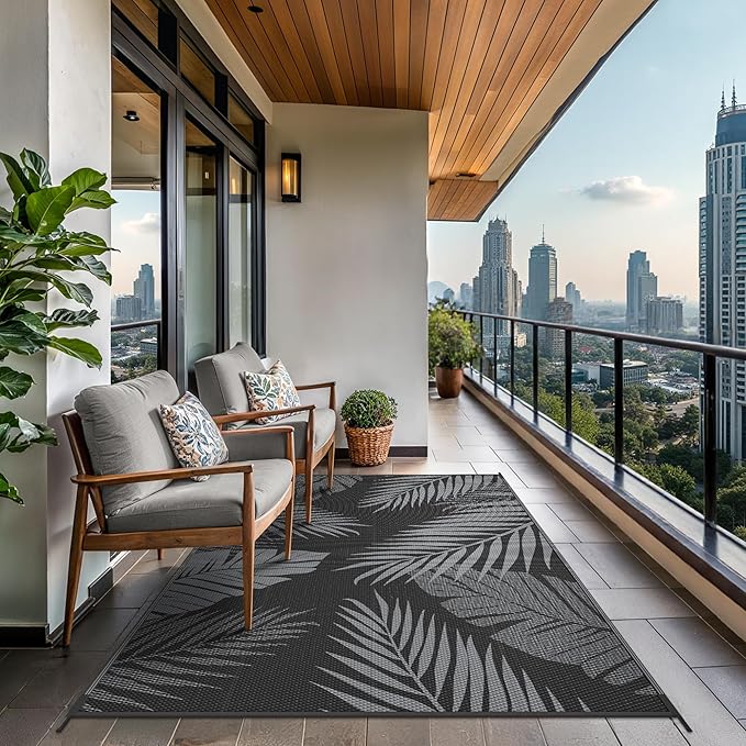 GENIMO Outdoor Rug 5' x 8' Waterproof for Patios Clearance, Reversible Outdoor Plastic Straw Camping Rug Carpet, Large Area Rugs Mats for RV, Picnic, Backyard, Deck, Balcony, Porch, Beach, Black&Grey