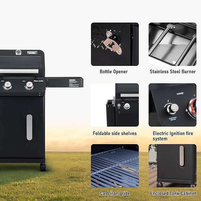 Monument Grills 2-Burner Foldable Stainless Steel Liquid Propane Gas Patio Garden Barbecue Grill with Clearview® Lid, Knob Control Mesa220 with BBQ Cover