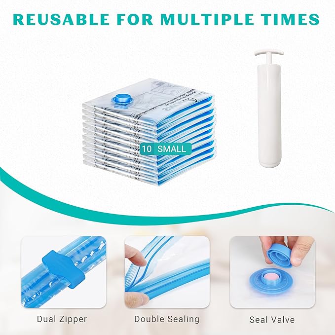 10 Pack Small Space Saver Vacuum Storage Bags Compression Seal Bags for Travel Clothing Luggage Blankets Comforters with Hand Pump