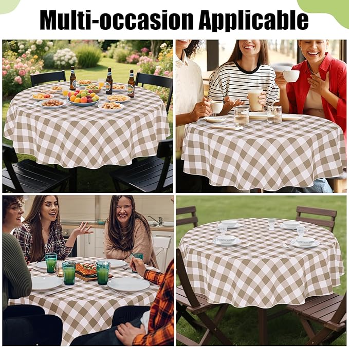 Smiry Round Plastic Table Cloth, Waterproof Vinyl Tablecloth with Flannel Backing, Wipeable Buffalo Plaid Table Cover for Dining, Indoor and Outdoor (Khaki & White, 60" Round)