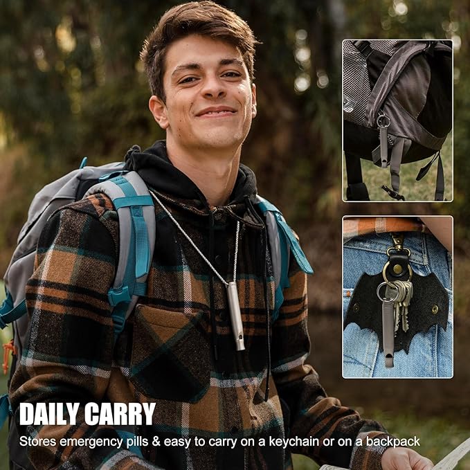 Titanium Emergency Whistle with Hidden Pill Holder Case, Portable Waterproof Fob Medicines Organizer 120db+ Survival Whistles Keychain Container for Outdoors, Camping, Travel EDC Accessories