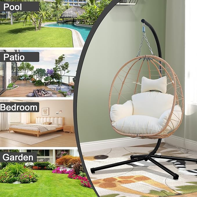 Egg Chair with Stand, Uv-Proof Pe Wicker Hanging Chair for Outdoor Patio, Cushioned Hammock Swing for Bedroom Garden Indoor/Outdoor, Double-Zipper Structure Hanging Egg Chair (Yellow and White)
