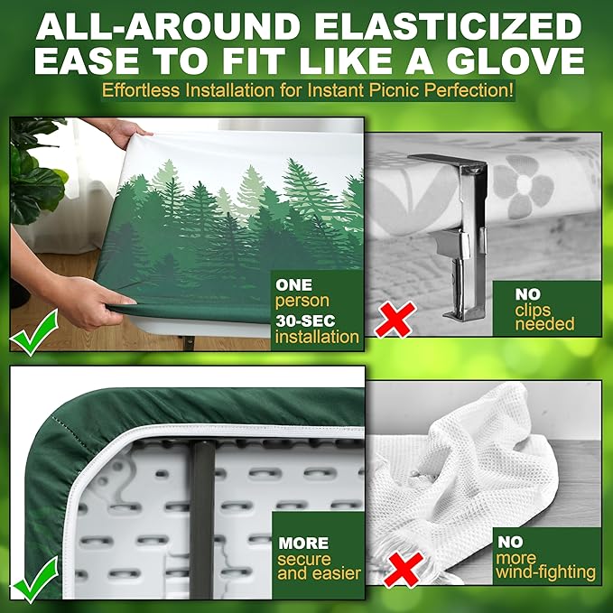 72 X 30 Inch Elastic Fitted Camping Table Cover with Bench Covers & Storage Bag, Picnic Tablecloth, Fits 6ft Picnic Tables,Washable & Reusable, Spill Resistant, Waterproof - Green Pines