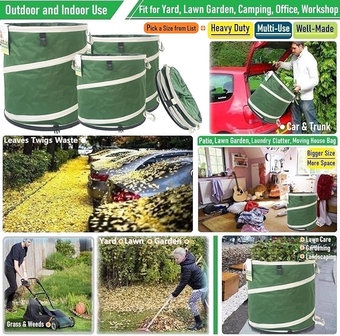 2-Pack 32 Gallon Collapsible Trash Can (19x25 in) Solid Bottom for Yard Waste Bag,Yard Debris Bag,Pop-Up Trash Can,Recycling Bin,Camping Waste Bin,Laundry Hamper,Lawn Grass,Garden Weeds Bags,Leaf Bags