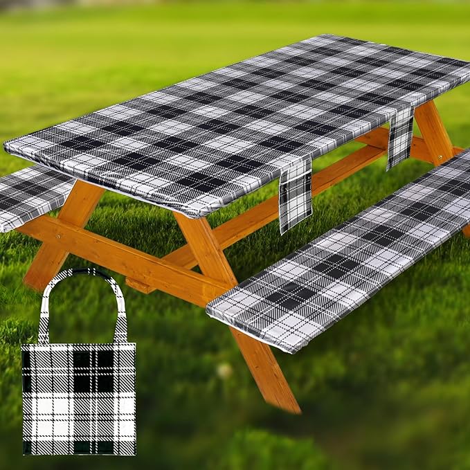 Fitted Picnic Table Cover with Bench Covers Waterproof Elastic Edges Rectangle Patio Tablecloth Outdoor Camping Essentials Stuff Rv Accessories Summer Trip Travel Camper Gifts for Woman Men, 96in 8 ft