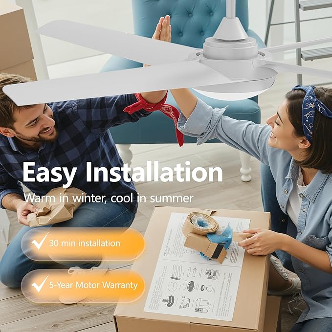 52 Inch Ceiling Fan with Light and Remote, 4 Blades, Quiet DC Motor, Reversible Fan with Dimmable LED Light, for Bedroom Living Room (White)