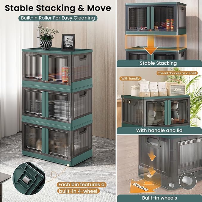 19Gal Collapsible Storage Bins with Lids & Wheels - 4 Pack Stackable with Doors, Heavy-Duty Plastic Containers for Home/Office, Green