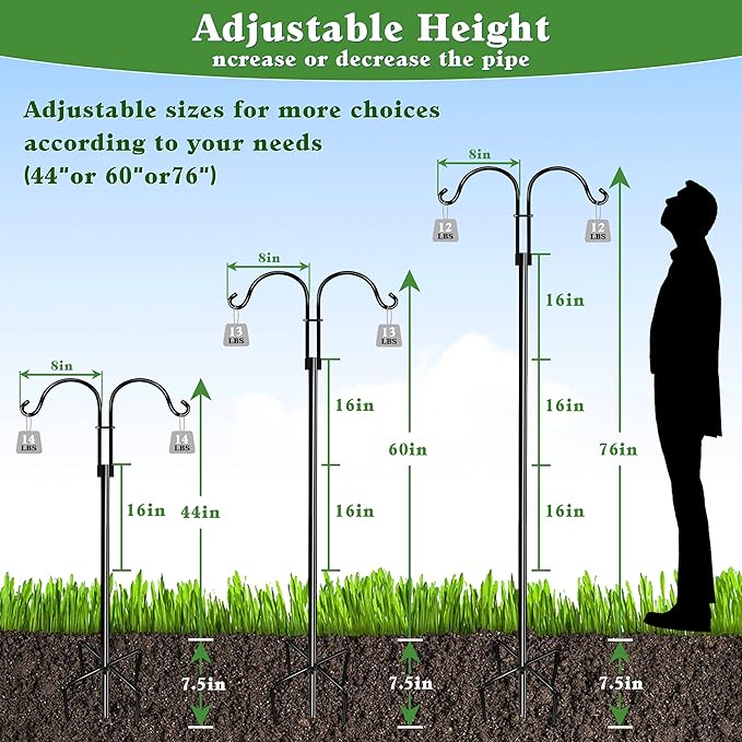 Double Shepherds Hooks for Outdoor (2Pack,76 inch) Heavy Duty Adjustable Bird Feeder Pole Garden Decor Shepherds Hook for Hanging Bird Feeder, Plant Baskets, Hummingbird Feeder for Outside
