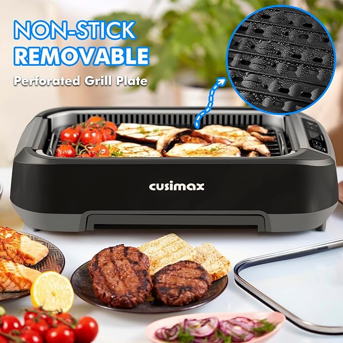 CUSIMAX Smokeless Indoor Grill, 1500W Electric Grill Korean BBQ Grill with LED Smart Display & Tempered Glass Lid, Non-stick Removable Grill Plate, Turbo Smoke Extractor, Black New Model