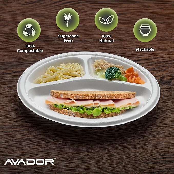 AVADOR® Compostable Tableware 100% Eco-Friendly & Biodegradable Dinnerware Eco-Conscious, Disposable, and 100% Biodegradable (10 inch Partition Plates Pack of 150)
