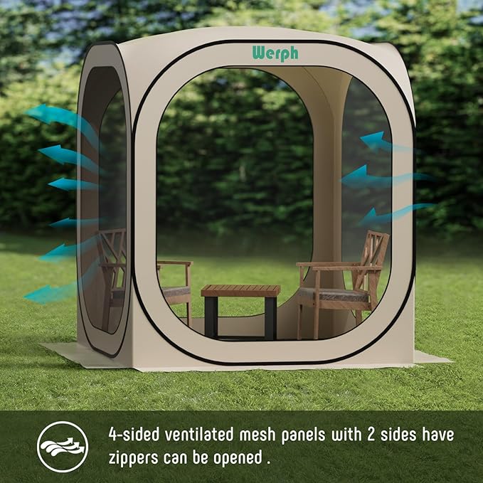 Pop Up Tent，Portable Canopy Tent with Mesh Mosquito Net, Screen House Room Canopy Shade Screen 6 x 6 FT with Carry Bag for Patio, Backyard, Sports & Outdoors Activities, Beige