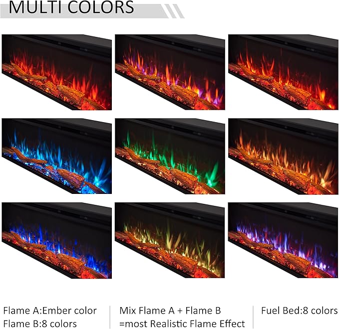 LegendFlame 50" W Smart Wall Mount & in Wall Recessed Electric Fireplace Insert, Heater 750W/1500W, Multi Colors of Flame & Fuel Bed, Alexa/Google Assistant Enabled