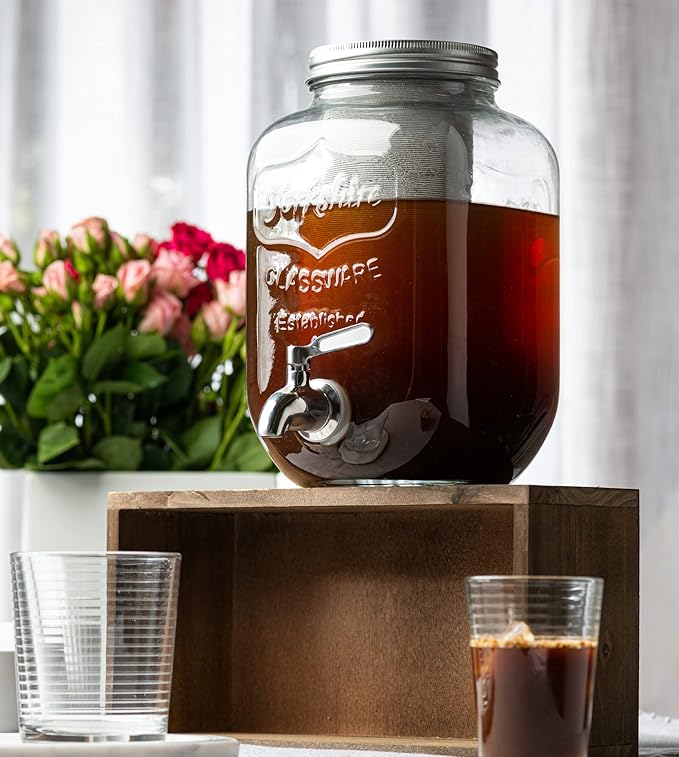 1 Gallon Cold Brew Coffee Maker - 3rd Generation Fine Mesh Filter - Stainless Steel Spigot - Extra Thick Large Glass Mason Jar Drink Dispenser Carafe, Iced Coffee Maker & Sun Tea Pitcher with Infuser.