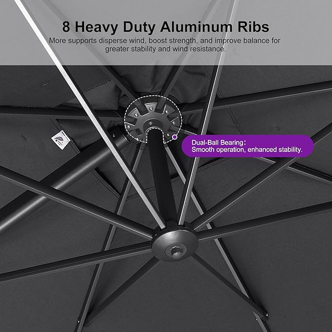 PURPLE LEAF 8 FT Cantilever Patio Umbrella Outdoor Aluminum Offset Square Umbrella with 3 Years Fade Resistance Recycled Fabric and 360-degree Rotation for Deck Pool Garden, Mist Grey