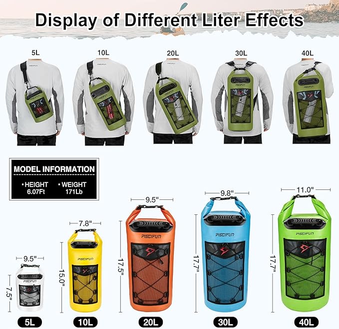 Piscifun Dry Bag, Waterproof Floating Backpack 5L/10L/20L/30L/40L with Waterproof Phone Case for Boating, Kayaking, Fishing