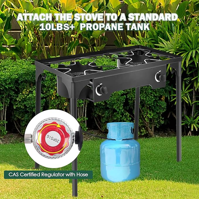 Goplus Outdoor Camping Stove, Dual Burner Propane Gas Cooker w/Detachable Legs & 0-20 PSI Regulator & CSA Approval for Camp Patio RV, Cast Iron, 150,000-BTU