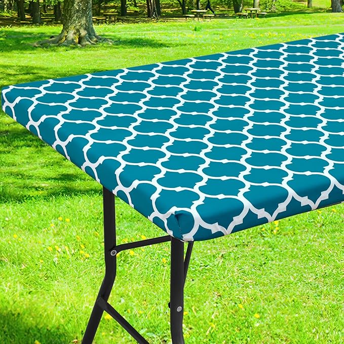 Smiry Rectangle Picnic Table Cover, Waterproof Elastic Fitted Camping Tablecloths for 6 Foot Tables, Wipeable Flannel Backed Vinyl Tablecloth Protector for Indoor, Outdoor (Turquoise, 30x72 Inches)