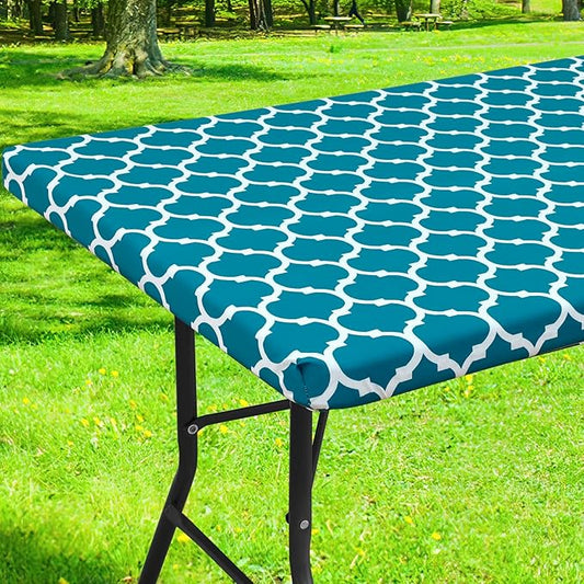 Smiry Rectangle Picnic Table Cover, Waterproof Elastic Fitted Camping Tablecloths for 4 Foot Tables, Wipeable Flannel Backed Vinyl Tablecloth Protector for Indoor, Outdoor (Turquoise, 30x48 Inches)