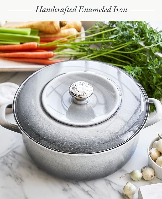 Merten & Storck 7QT Round Dutch Oven Casserole Pot with Lid, European Crafted Enameled Iron Stockpot, Induction & All Cooktops, Braising, Stews, Roasting, Slow Cooking, Sourdough, Cloud Gray