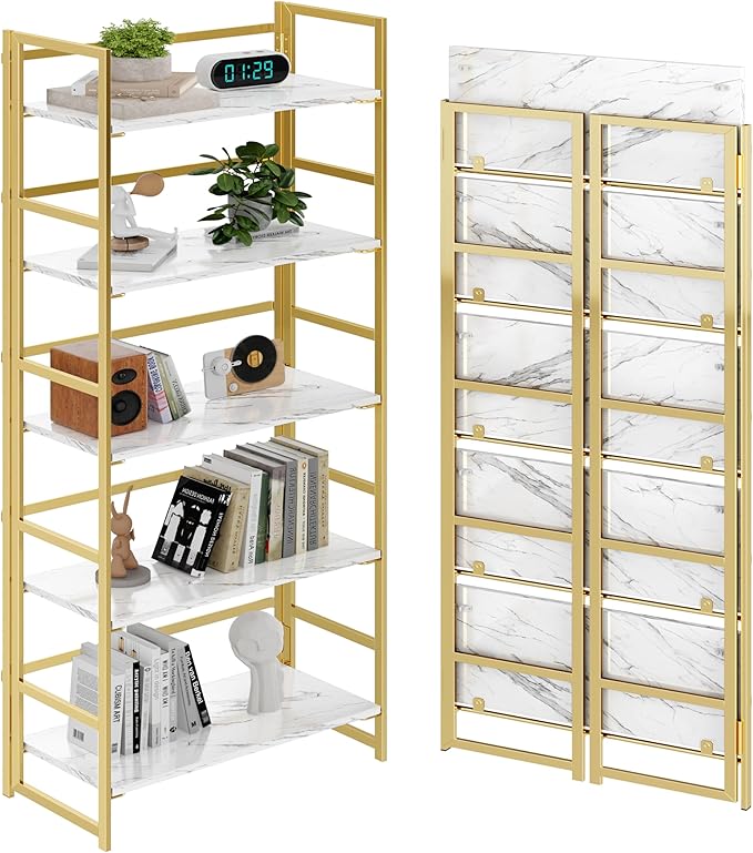 BHG No Assembly Folding Bookshelf for Living Room, 5 Tier Gold Collapsible Book Shelf for Home Office, Portable Bookcase Storage Organizer