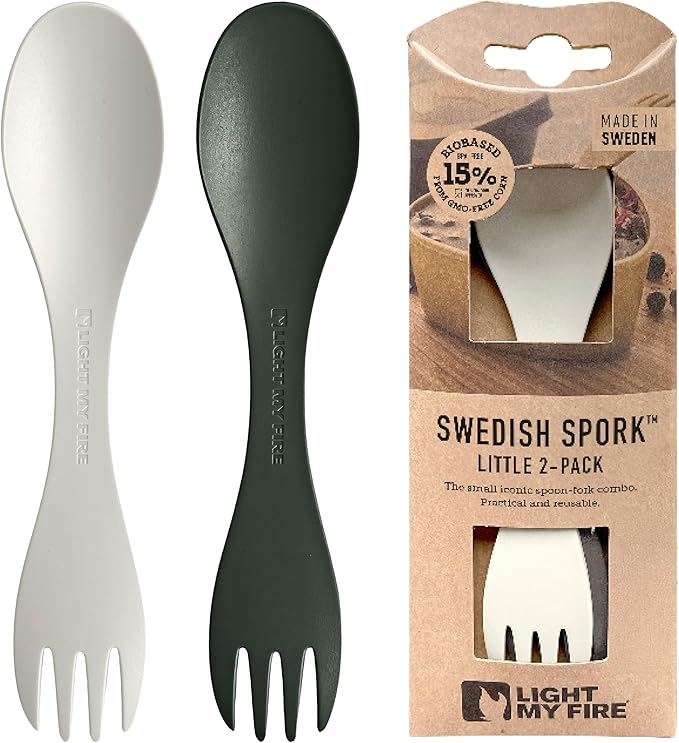 Light My Fire Spork Original 3-in-1 Camping Spoon 2PACK Fork Knife Combo Reusable Travel & Camping Utensils Lunch Spork Outdoor Backpacking Hiking Picnic Utensil BPA Free, SageGreen/Cream