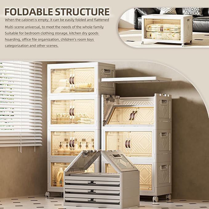 180 QT / 45 Gal Stackable Storage Bins (1 Lid) w/Wheels & Magnetic Doors, Collapsible Plastic Organizer Cabinet for Closet Office Garage - White Storage Containers