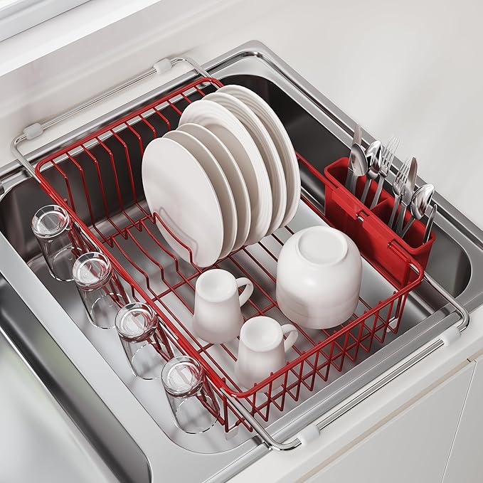 Dish Drying Rack in Sink, Red Dish Dryer Racks Over Sink, Dishes Drainers for Kitchen Sink, Stainless Steel Plates Drying Rack with Utensil Holder & Cups Holder
