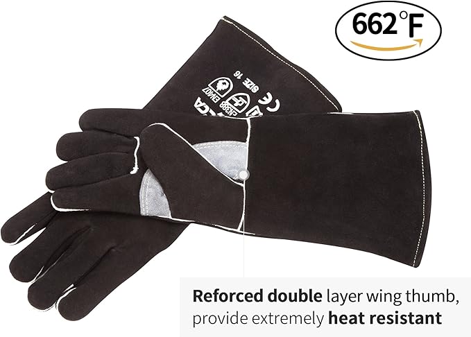 RAPICCA Welding Gloves Fire Heat Resistant: Black 16IN - Fireproof Leather For Stick Mig Flux-Core Welder Forge Blacksmith Fireplace Wood Stove Fire Pit Furnace Handling Dry ice - One Size 662℉
