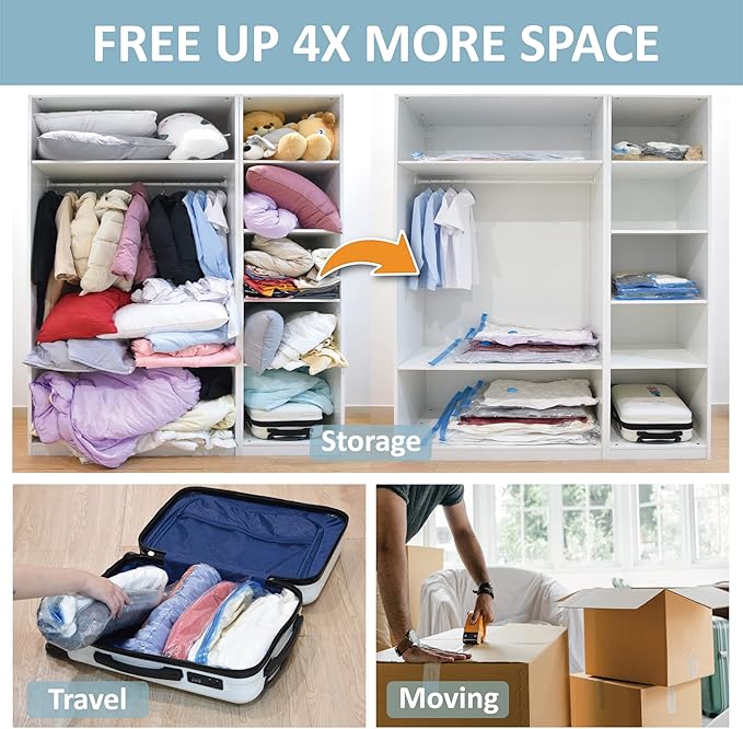 8 Pack Vacuum Storage Bags, Space Saver Bags (2 Jumbo/2 Large/2 Medium/2 Small) Compression Storage Bags for Comforters and Blankets, Vacuum Sealer Bags for Clothes Storage, Hand Pump Included