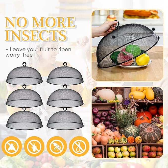 Gerrii 6 Pcs Metal Mesh Food Cover Outdoor Mesh Food Tents Dome Screen Plate Covers for Dinner Plates Reusable Fruit Fly Nets Picnic Food Umbrella for Table, BBQ, Camping, Party (Black,14 Inch)