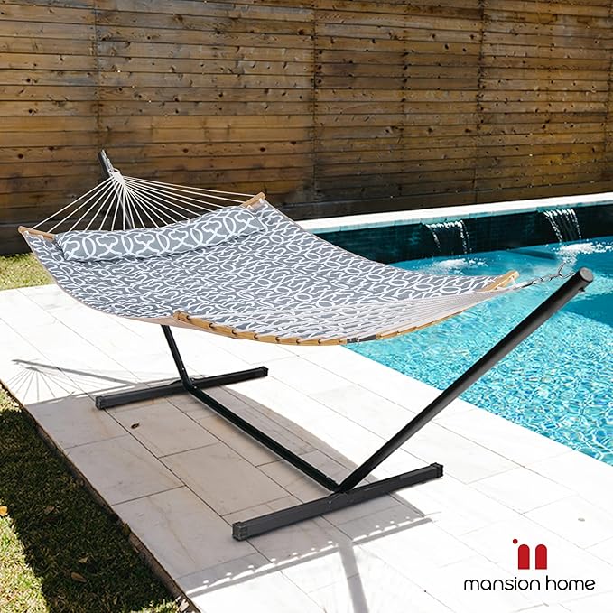 Double Hammock with Stand Included, Portable Hammock with Curved Spreader Bar, Pillow and Carrying Bag, 450 Lbs Capacity, Grey Pattern