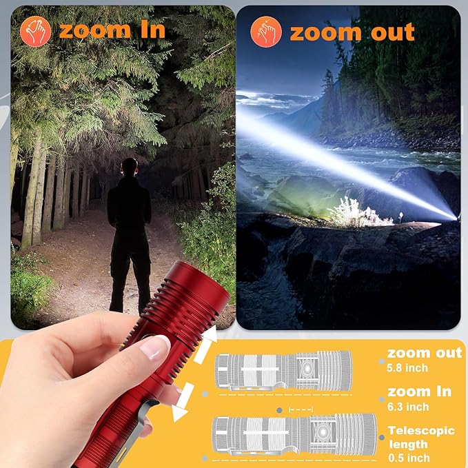 Small Tactical Flashlights High Lumens - 1500 Meters Long Beam Super Bright LED Magnetic Flashlight USB Rechargeable Zoomable 5Modes Long Beam Spotlight Flashlight for Hiking, Camping-Red