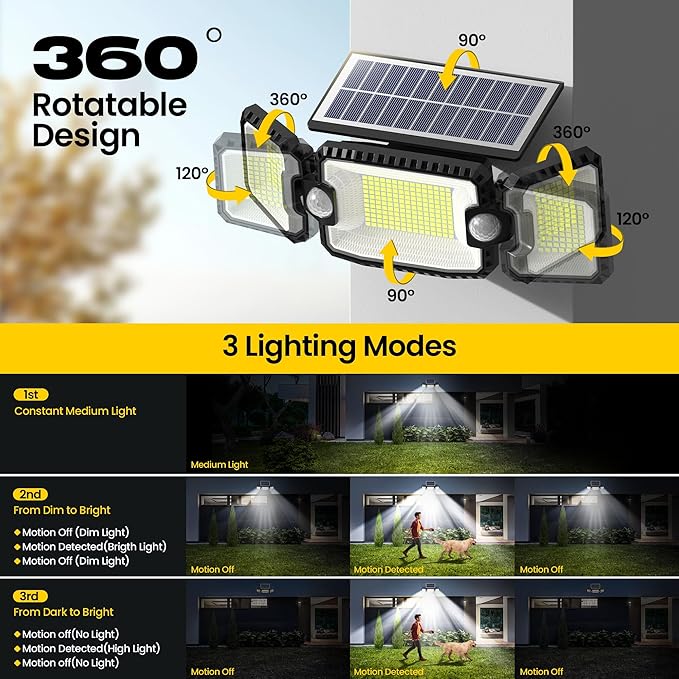 Solar Power Outdoor Light Lamp, Day to Dusk Modes, 305 LED 3000LM 270° Wide Angle Motion Sensor Flood Light, 2200mAH High Capacity, Motion Lights for Outside, Yard, Patio, Pathway