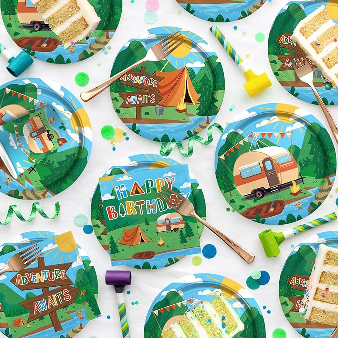 Happy Camper Birthday & Camping Party Decorations Set - Serves 25 with Disposable Plates, Cups, Napkins, Tablecloth & Banner, 1st Birthday, Camping Themed Events & Wedding Parties
