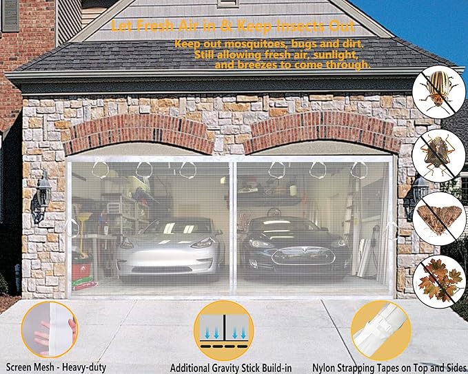 Magnetic Garage Door Screen Kit 16x8 FT White - Retractable Mesh Net Screen Door with Fiberglass Mesh for 2 Car Garage 16x8ft, Blocks Bugs & Provides Privacy - Perfect for Workshop Gym Patio