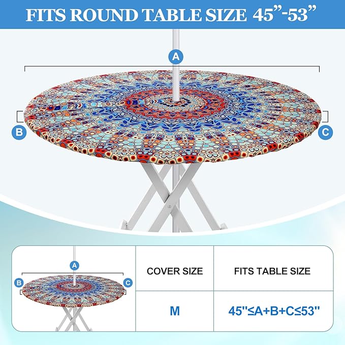 2 Pcs Round Outdoor Tablecloth with Umbrella Hole - Anti-Wrinkle Polyester Tablecloth with Elastic Zipper Table Cover for Summer Patio Camping Party(45''-53'',Mandala)