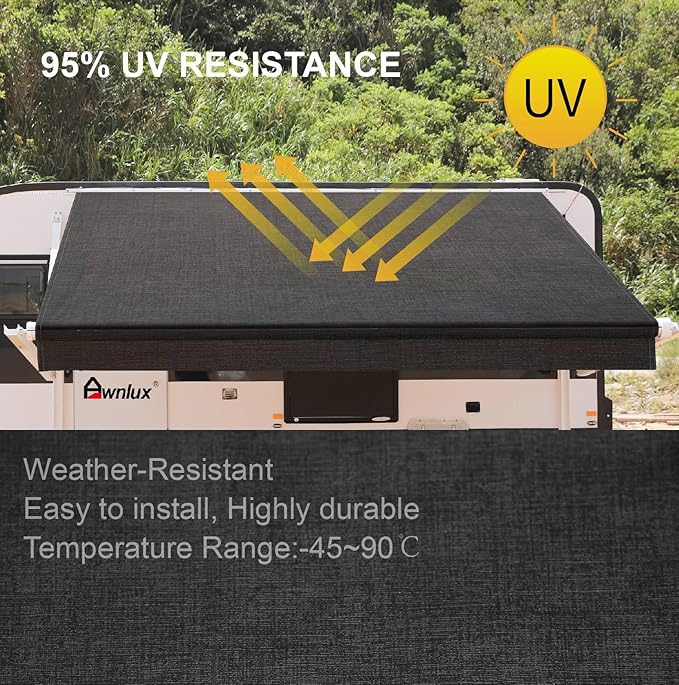 AWNLUX-RV Awning Fabric Replacement - Heavy Duty Weatherproof 4-Ply Vinyl Camper Awning Fabric - Universal Outdoor Canopy for Camper, Trailer, and Motorhome Awnings - Solid Black - 12' (Fabric 11'2")