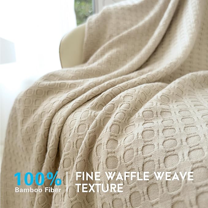 AmyHomie Cooling Blanket King Size, 100% Rayon Derived from Bamboo, Cool Summer Blanket for Hot Sleepers Soft Comfy Waffle Lightweight Blankets for All Seasons(108×90in,Khaki)