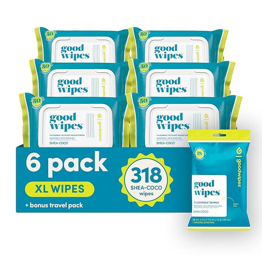 goodwipes Flushable Butt Wipes - Vitamin E & Aloe - Sewer & Septic Safe - Extra Large Adult Wet Wipes For Women & Men - Bathroom Essentials - Shea-Coco, 318 Count (6 Packs + 1 Travel)