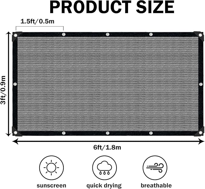 Sun Shade Cloth with Grommets,90% UV Protection Shade Fabric,Pergola Shade Cover Canopy Fence Privacy Screen Balcony,Sunshades for Patio Pergola Garden Backyard Porch Outdoor,Grey-3x6FT