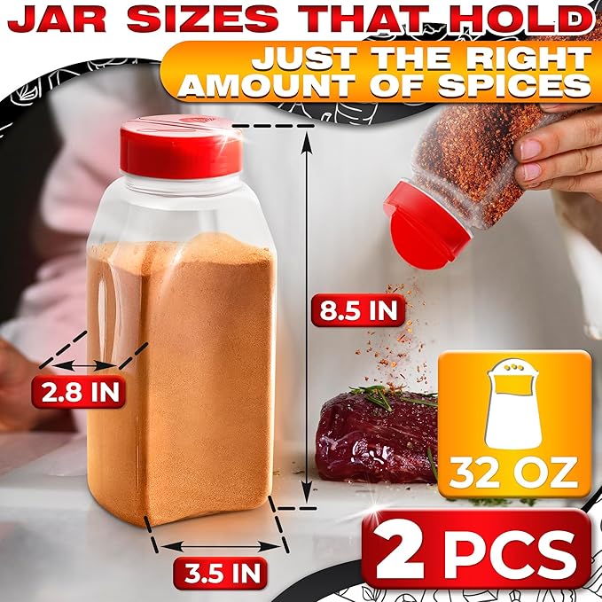 2 Pcs Large Seasoning Shaker – 32oz Large Seasoning Containers with Dual Shake Lids for Spices and Herbs, Transparent Design with Wide Mouth for Easy Filling, Durable Odor-Resistant Plastic Material