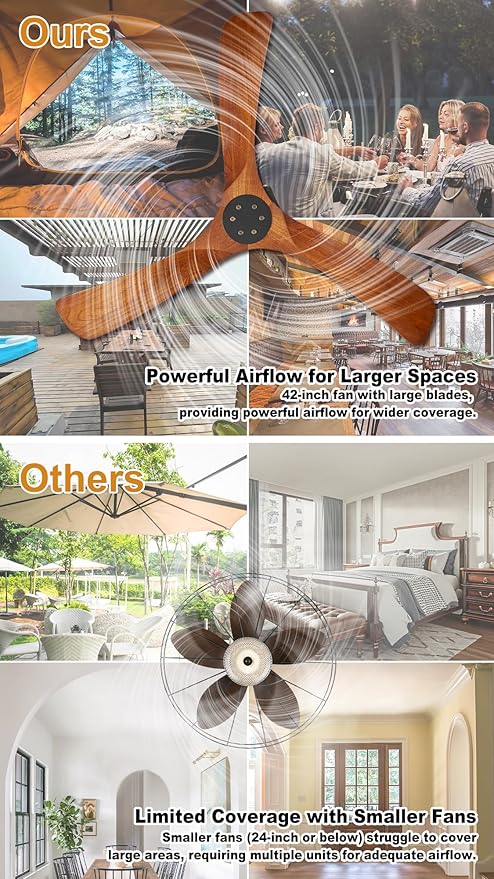 3 Blades Wood Outdoor Ceiling Fan for Patios, Farmhouse Rustic Ceiling Fans, 42" Plug-in Wet Rated Outdoor Gazebo Fan for Exterior House Porch Patio, Waterproof,F246