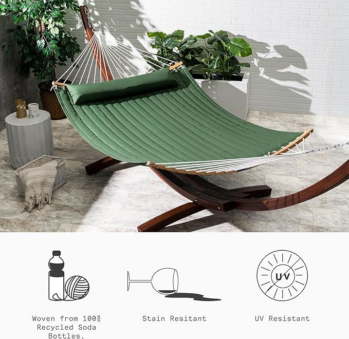 Fab Habitat Solid Quilted Recycled Polyester Hammock with Pillow, Curved Spreader Bar - Fargo - Green - Indoor/Outdoor, Quick Dry, 2 Person 460 lbs Capacity - Patio, Poolside - 11-14 ft Adjustable