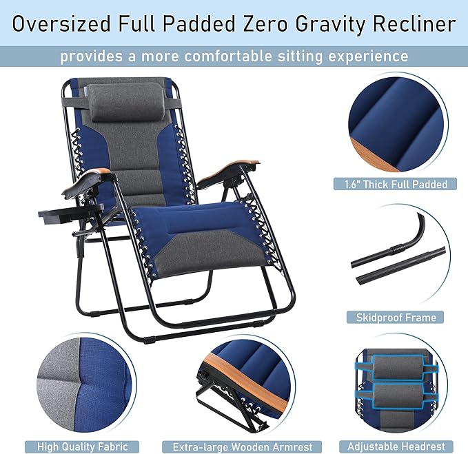 PHI VILLA XXL Oversized Padded Zero Gravity Chair, Foldable Patio Recliner, 30" Wide Seat Anti Gravity Lounger with Cup Holder, Set of 2, Support 400 LBS (Thumb Blue)