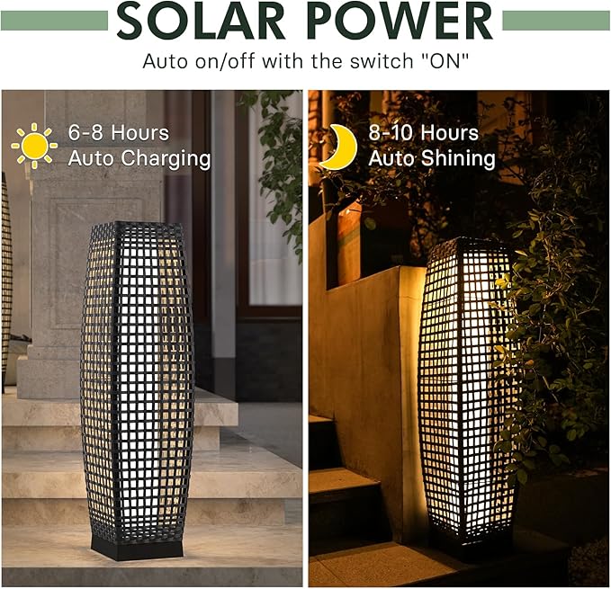 Grand patio Outdoor Floor Lamp Solar Powered Lantern Water-Resistant Wicker Deck Light for Garden or Porch -Large Fuji, Silver Gray
